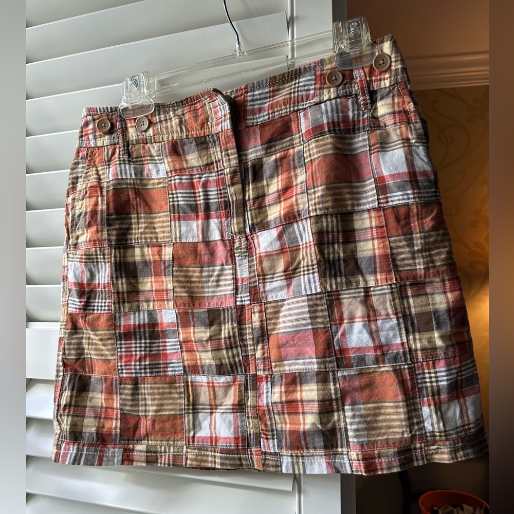Ann Taylor LOFT Madras Plaid Patchwork Mini Skirt-pumpkin spice preppy cute